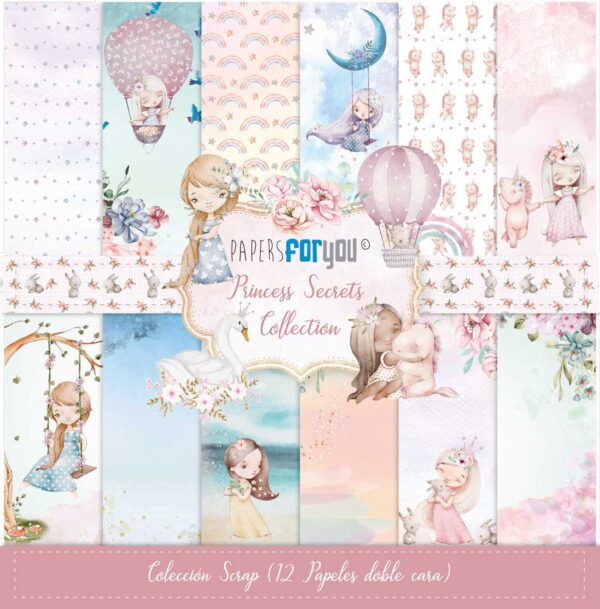 Colección 12 Papeles Scrap doble cara 180gr 12»x12» (Princess Secrets)